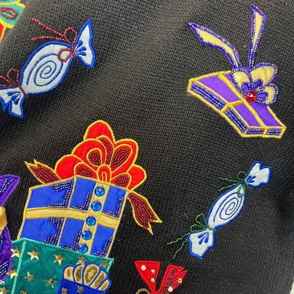 Yarn Works Vintage NEW with Tags Beaded Christmas Holiday Sweater Black Ladies S - Picture 3 of 7